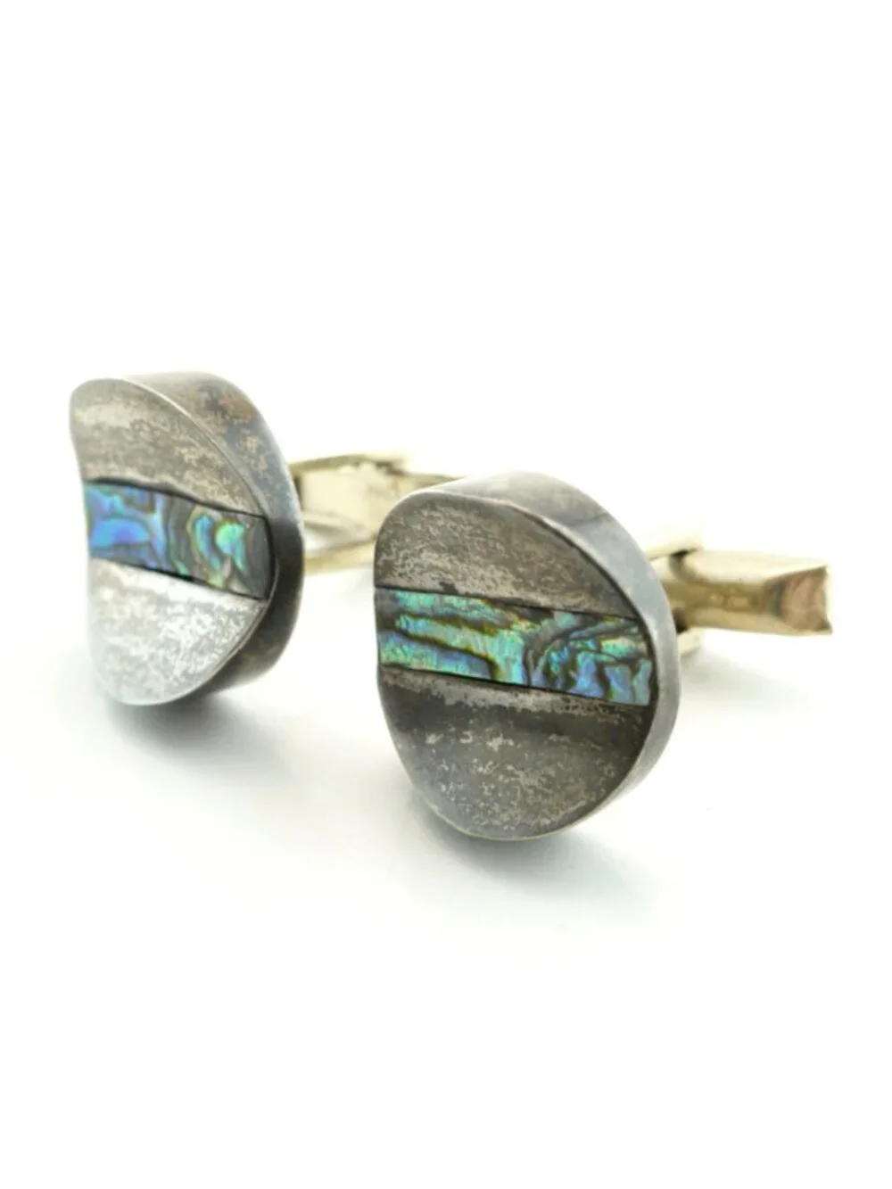 Vintage Taxco Sterling Silver Abalone Inlay Round Cufflinks Mexico